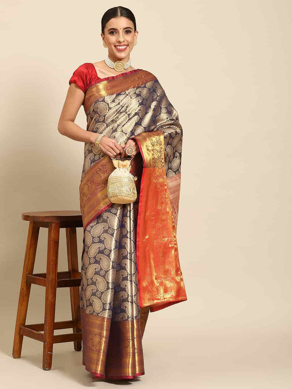 Navy Blue Art Silk Woven Zari Design Floral Saree with Unstitched Blouse - Hiral Fashion | Swadesiicart