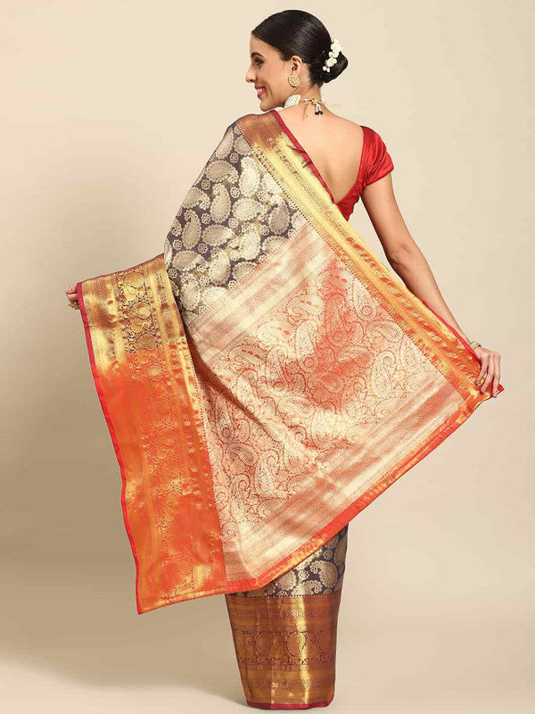 Navy Blue Art Silk Woven Zari Design Floral Saree with Unstitched Blouse - Hiral Fashion | Swadesiicart