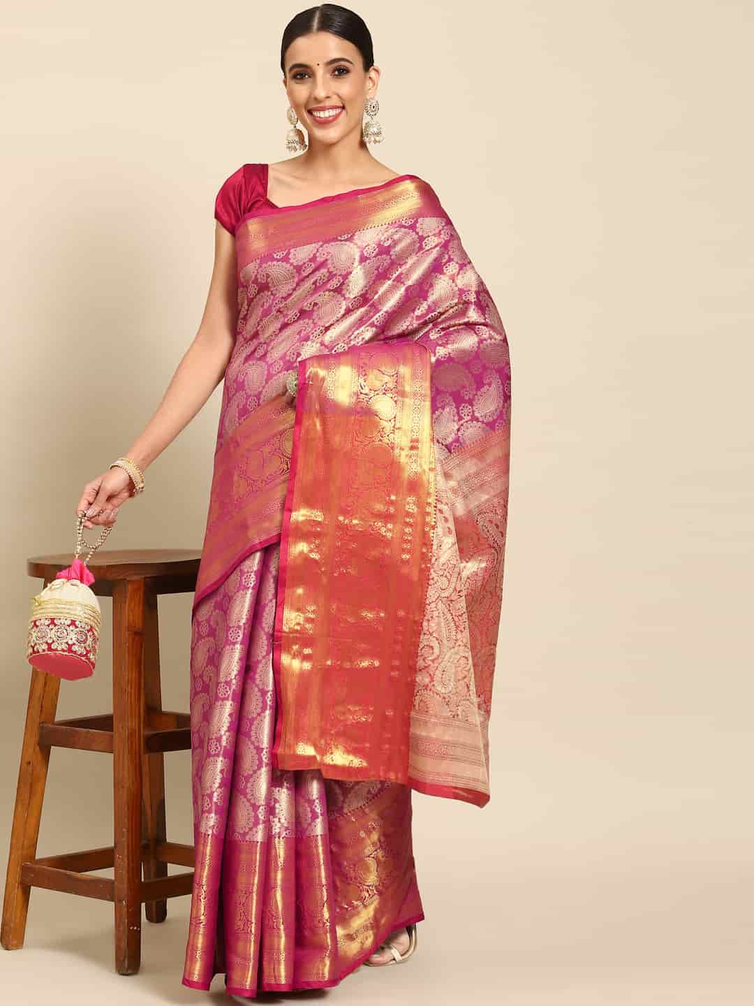 Pink Art Silk Woven Zari Design Floral Saree with Unstitched Blouse - Hiral Fashion | Swadesiicart