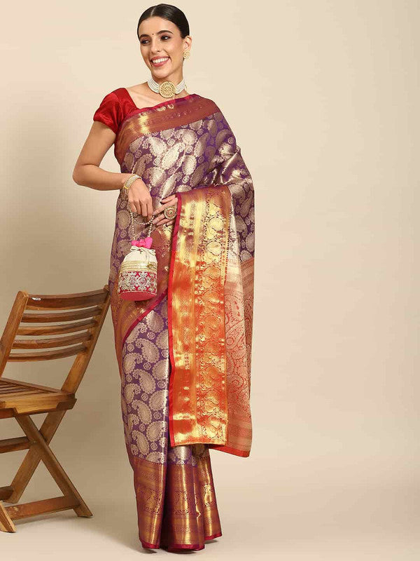 Purple Art Silk Woven Zari Design Floral Saree with Unstitched Blouse - Hiral Fashion | Swadesiicart