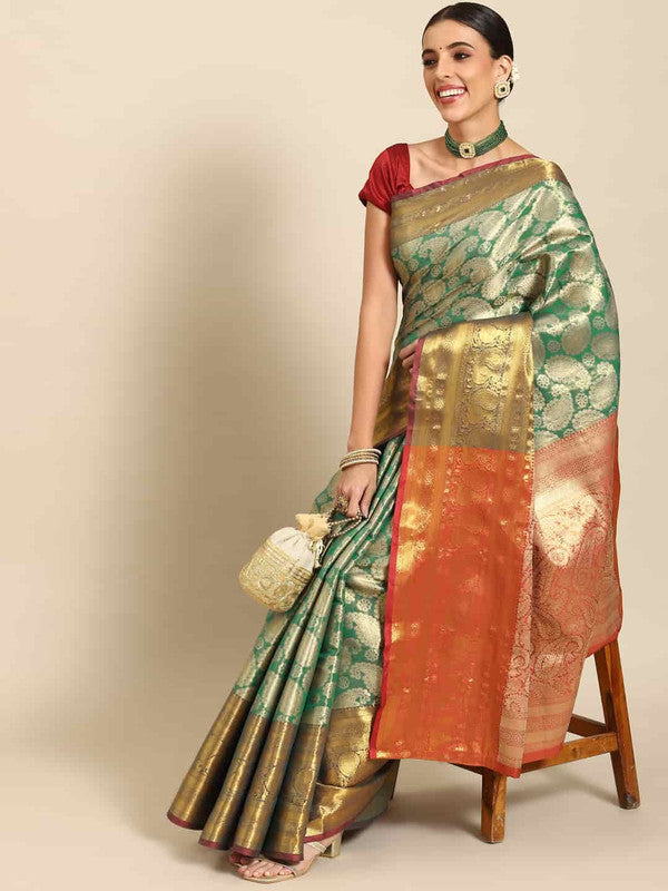 Turquoise Art Silk Woven Zari Design Floral Saree with Unstitched Blouse - Hiral Fashion | Swadesiicart