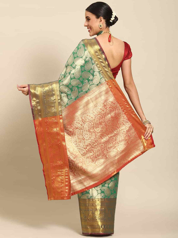 Turquoise Art Silk Woven Zari Design Floral Saree with Unstitched Blouse - Hiral Fashion | Swadesiicart