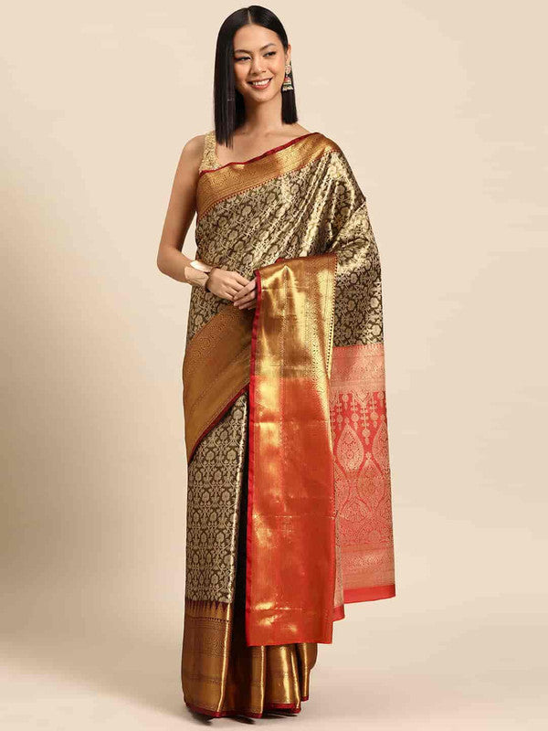 Black Brocade Woven Zari Design Ethnic Motifs Saree with Unstitched Blouse - Hiral Fashion | Swadesiicart