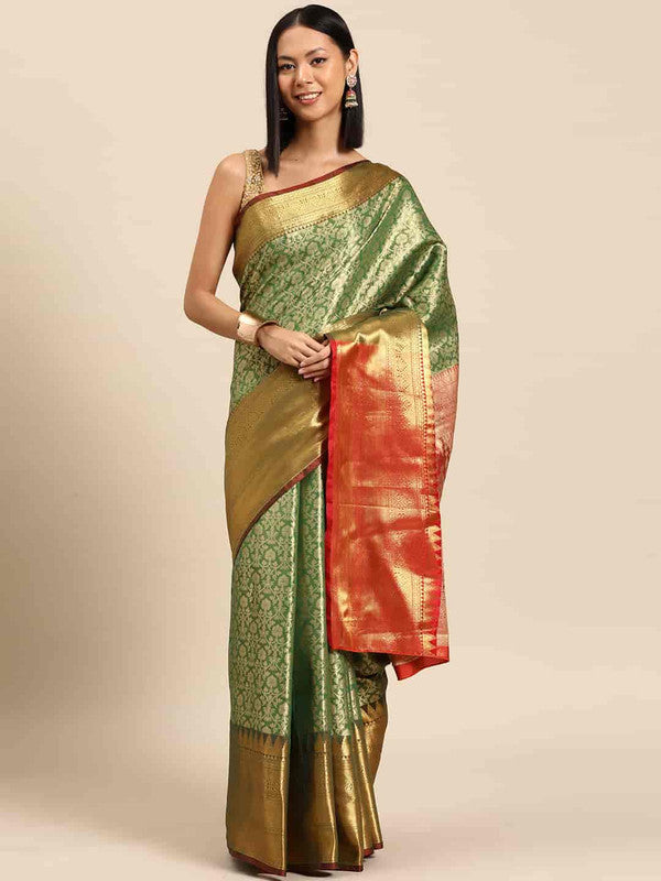 Green Brocade Woven Zari Design Ethnic Motifs Saree with Unstitched Blouse - Hiral Fashion | Swadesiicart