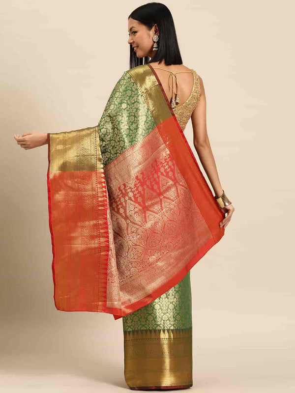 Green Brocade Woven Zari Design Ethnic Motifs Saree with Unstitched Blouse - Hiral Fashion | Swadesiicart