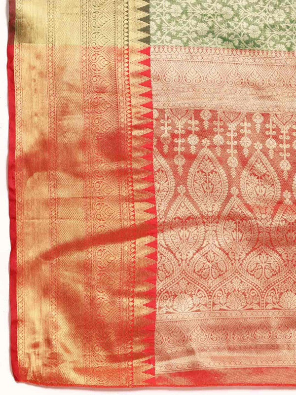 Green Brocade Woven Zari Design Ethnic Motifs Saree with Unstitched Blouse - Hiral Fashion | Swadesiicart