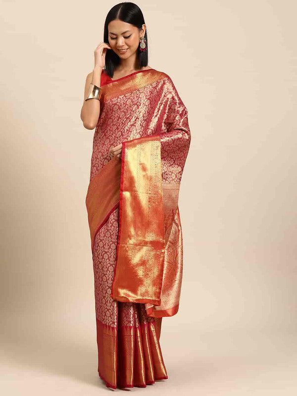 Pink Brocade Woven Zari Design Ethnic Motifs Saree with Unstitched Blouse - Hiral Fashion | Swadesiicart