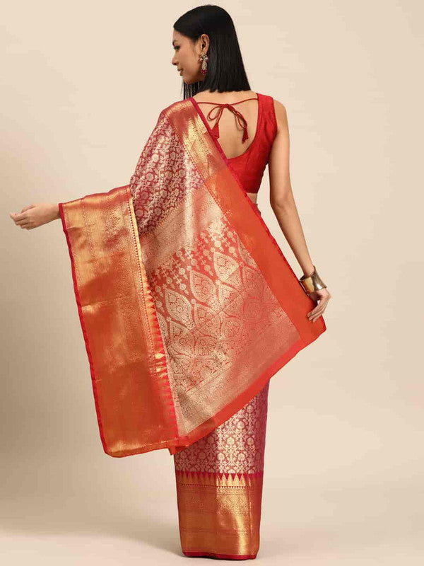 Pink Brocade Woven Zari Design Ethnic Motifs Saree with Unstitched Blouse - Hiral Fashion | Swadesiicart