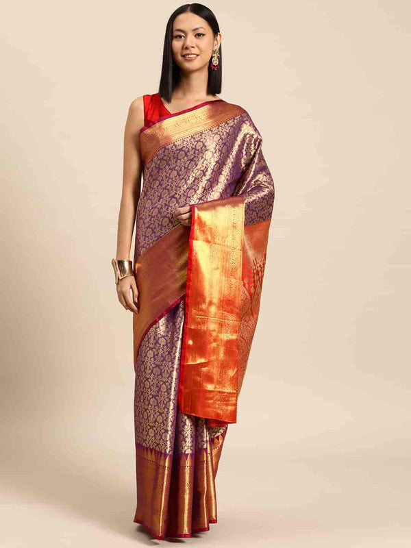 Purple Brocade Woven Zari Design Ethnic Motifs Saree with Unstitched Blouse - Hiral Fashion | Swadesiicart