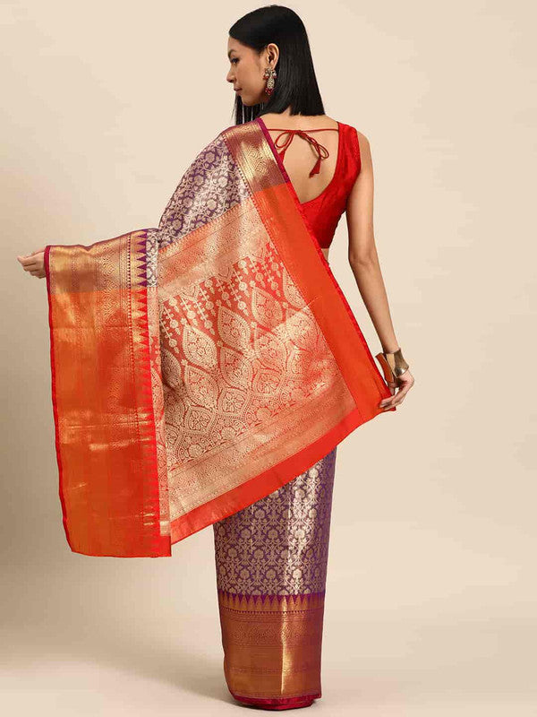 Purple Brocade Woven Zari Design Ethnic Motifs Saree with Unstitched Blouse - Hiral Fashion | Swadesiicart