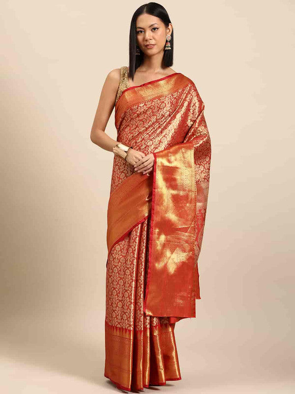 Red Brocade Woven Zari Design Ethnic Motifs Saree with Unstitched Blouse - Hiral Fashion | Swadesiicart