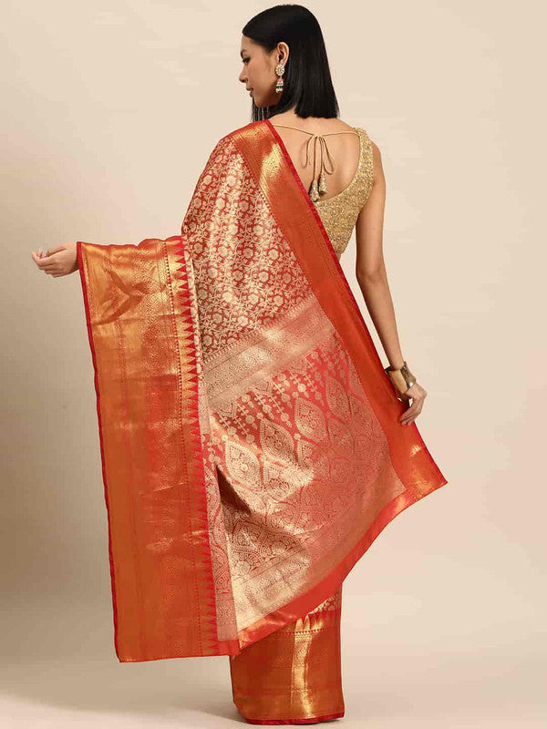 Red Brocade Woven Zari Design Ethnic Motifs Saree with Unstitched Blouse - Hiral Fashion | Swadesiicart