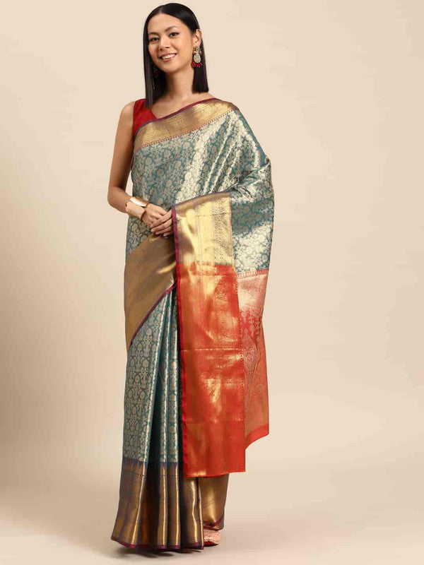 Turquoise Brocade Woven Zari Design Ethnic Motifs Saree with Unstitched Blouse - Hiral Fashion | Swadesiicart