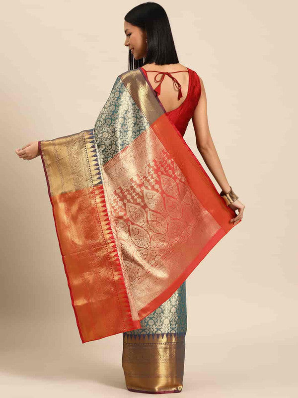 Turquoise Brocade Woven Zari Design Ethnic Motifs Saree with Unstitched Blouse - Hiral Fashion | Swadesiicart