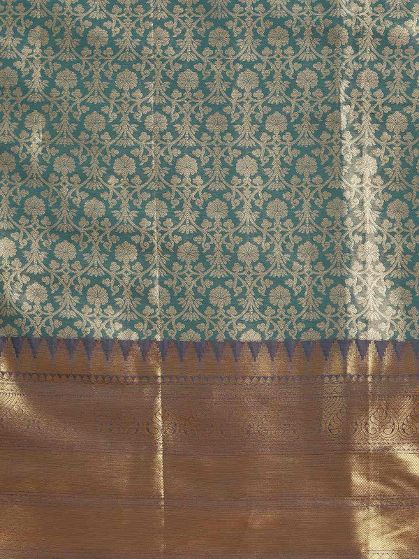 Turquoise Brocade Woven Zari Design Ethnic Motifs Saree with Unstitched Blouse - Hiral Fashion | Swadesiicart