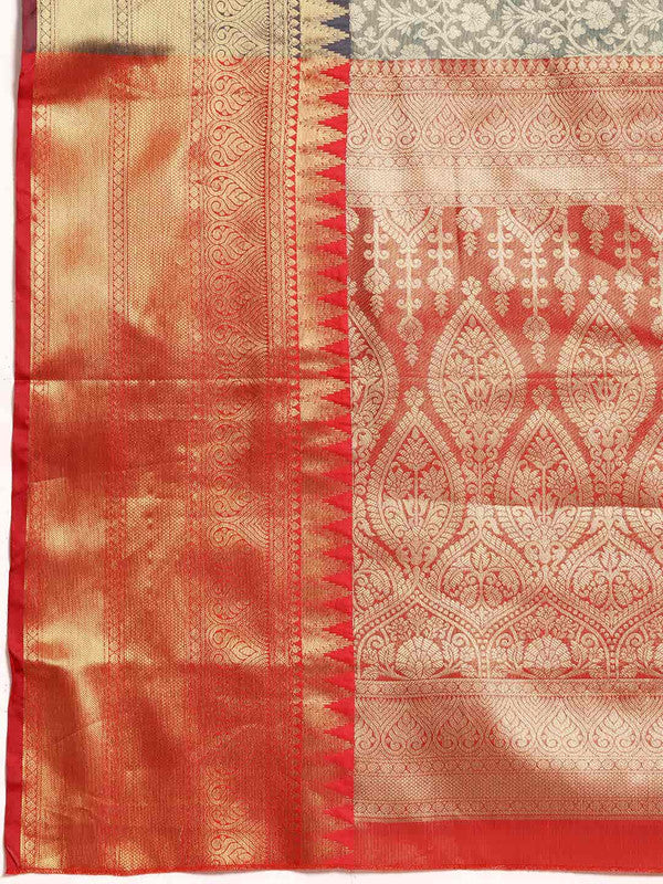 Turquoise Brocade Woven Zari Design Ethnic Motifs Saree with Unstitched Blouse - Hiral Fashion | Swadesiicart