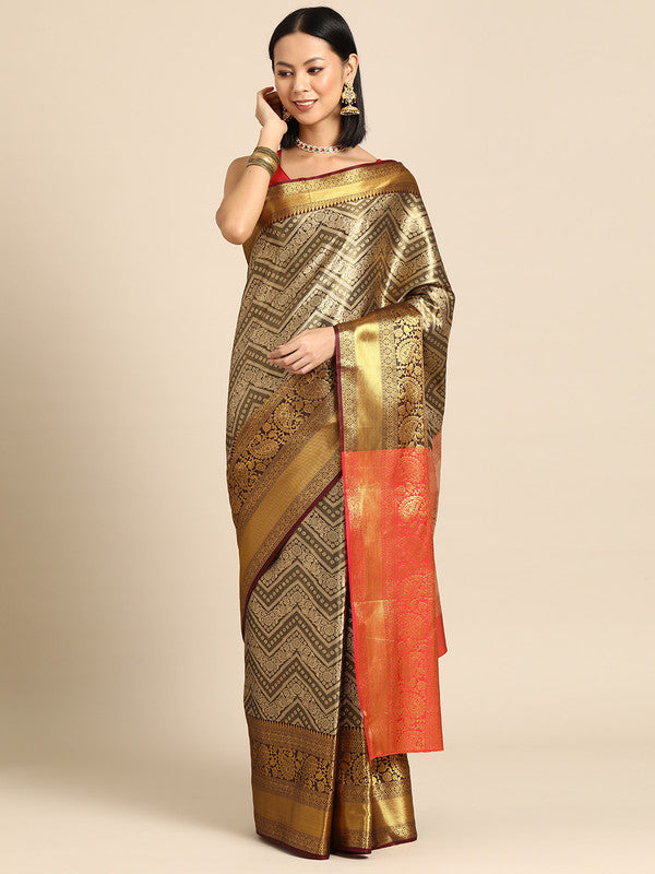 Black Brocade Woven Zari Design Striped Saree with Unstitched Blouse - Hiral Fashion | Swadesiicart