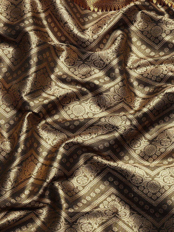 Black Brocade Woven Zari Design Striped Saree with Unstitched Blouse - Hiral Fashion | Swadesiicart