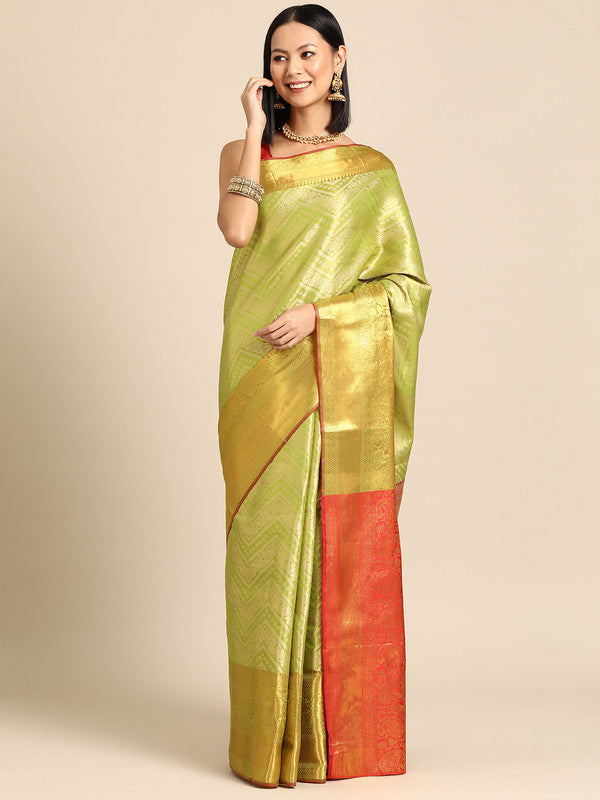 Green Brocade Woven Zari Design Striped Saree with Unstitched Blouse - Hiral Fashion | Swadesiicart