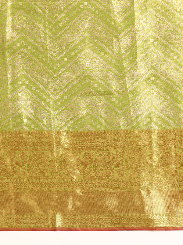 Green Brocade Woven Zari Design Striped Saree with Unstitched Blouse - Hiral Fashion | Swadesiicart