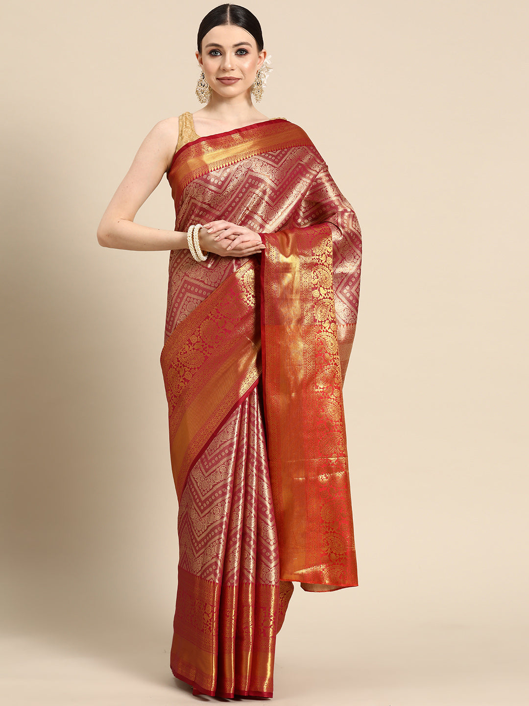 Pink Brocade Woven Zari Design Striped Saree with Unstitched Blouse - Hiral Fashion | Swadesiicart