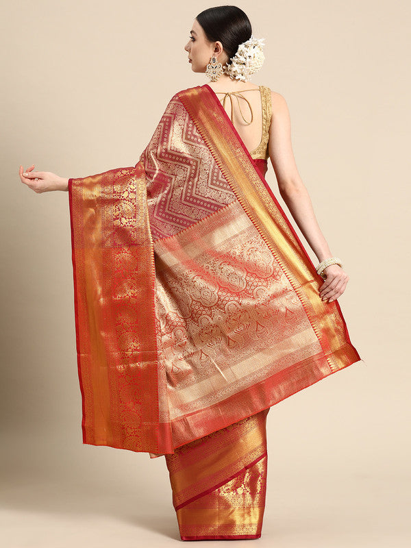 Pink Brocade Woven Zari Design Striped Saree with Unstitched Blouse - Hiral Fashion | Swadesiicart