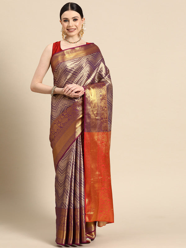 Purple Brocade Woven Zari Design Striped Saree with Unstitched Blouse - Hiral Fashion | Swadesiicart