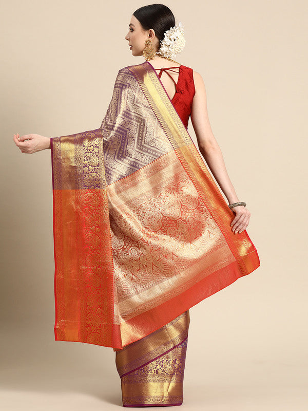 Purple Brocade Woven Zari Design Striped Saree with Unstitched Blouse - Hiral Fashion | Swadesiicart
