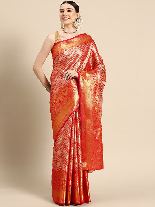 Red Brocade Woven Zari Design Striped Saree with Unstitched Blouse - Hiral Fashion | Swadesiicart