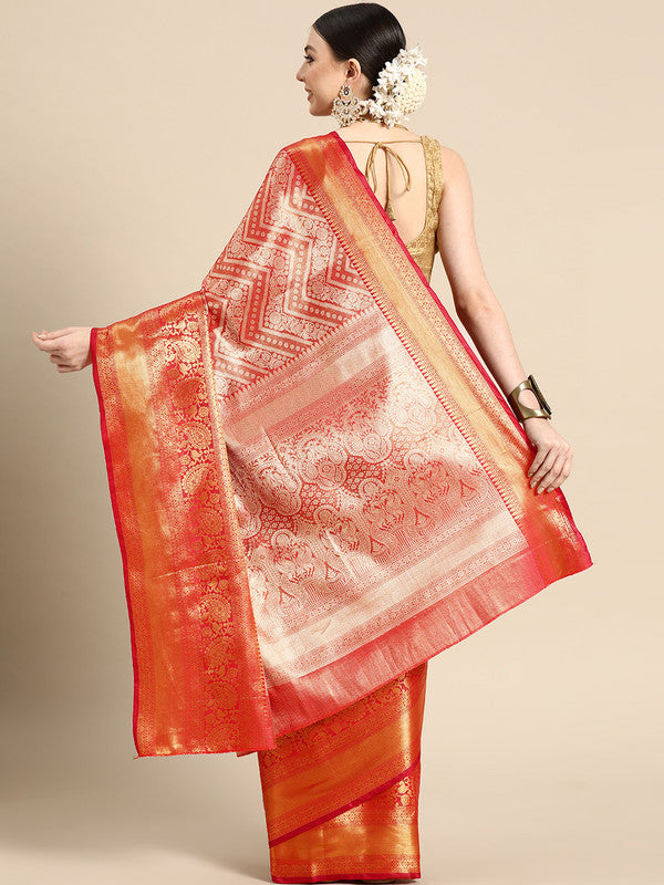 Red Brocade Woven Zari Design Striped Saree with Unstitched Blouse - Hiral Fashion | Swadesiicart