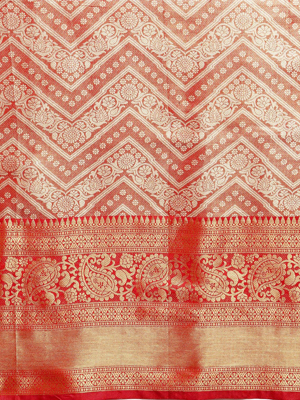 Red Brocade Woven Zari Design Striped Saree with Unstitched Blouse - Hiral Fashion | Swadesiicart