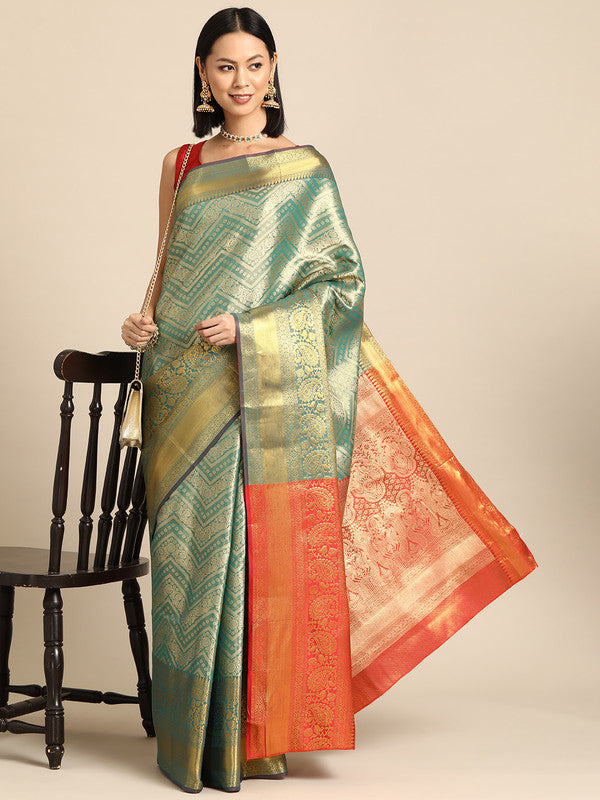 Turquoise Brocade Woven Zari Design Striped Saree with Unstitched Blouse - Hiral Fashion | Swadesiicart