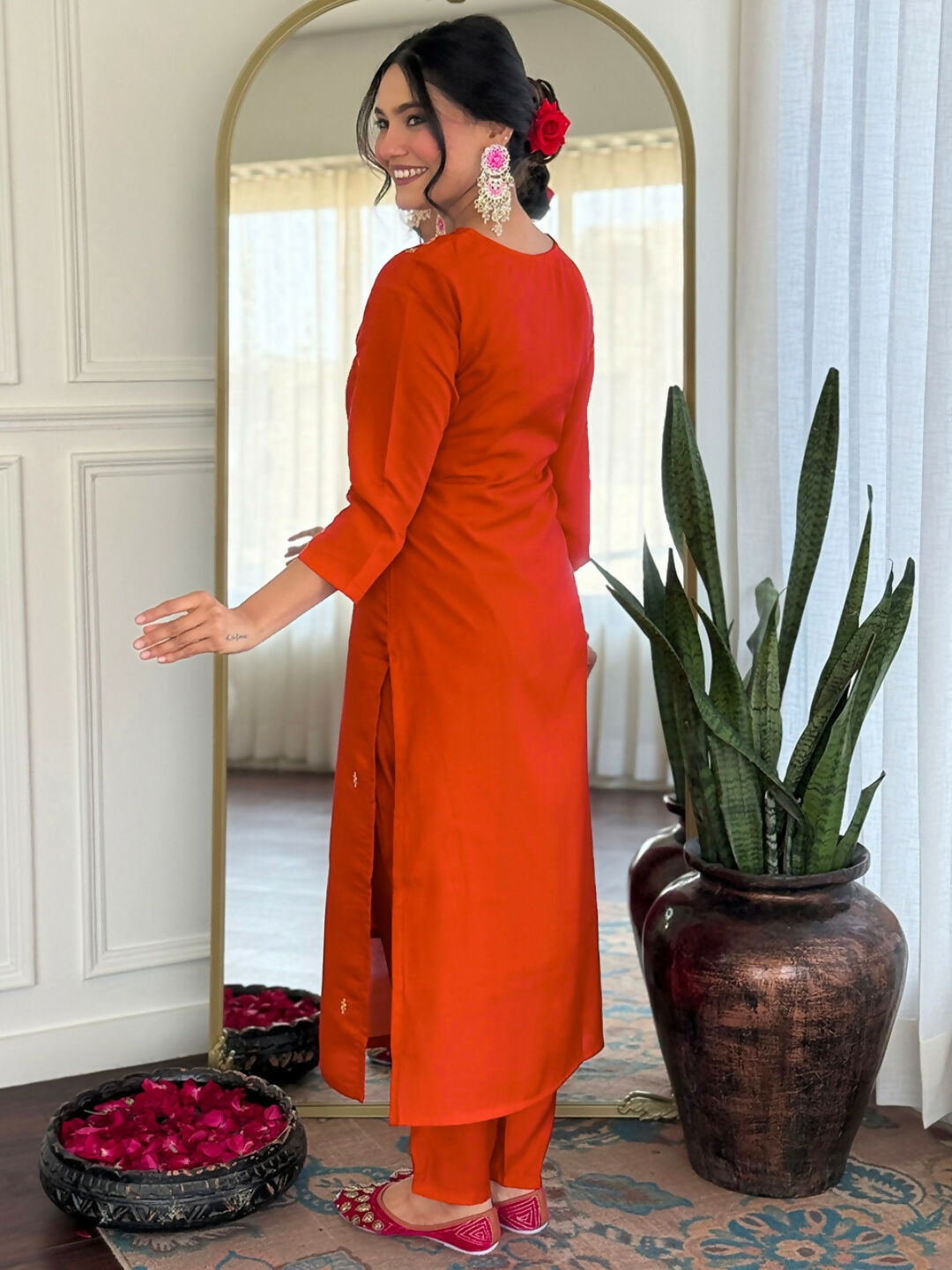 The52 Rust Women's Gorgeous Roman Silk Fabric Straight Kurta, Pant and Dupatta Set - Swadesiicart