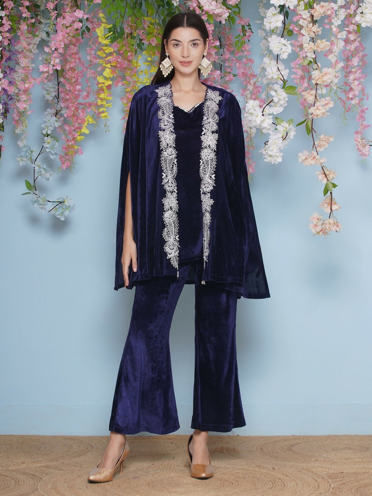 Joban Fashion Navy Blue Velvet Cape Set - Swadesiicart