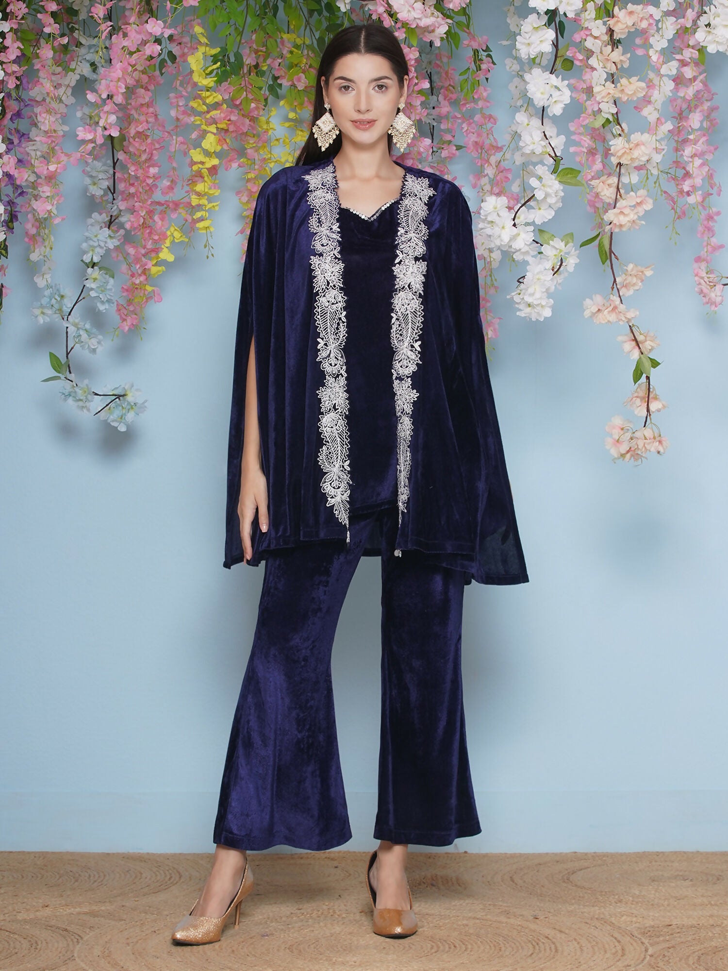 Joban Fashion Navy Blue Velvet Cape Set - Swadesiicart