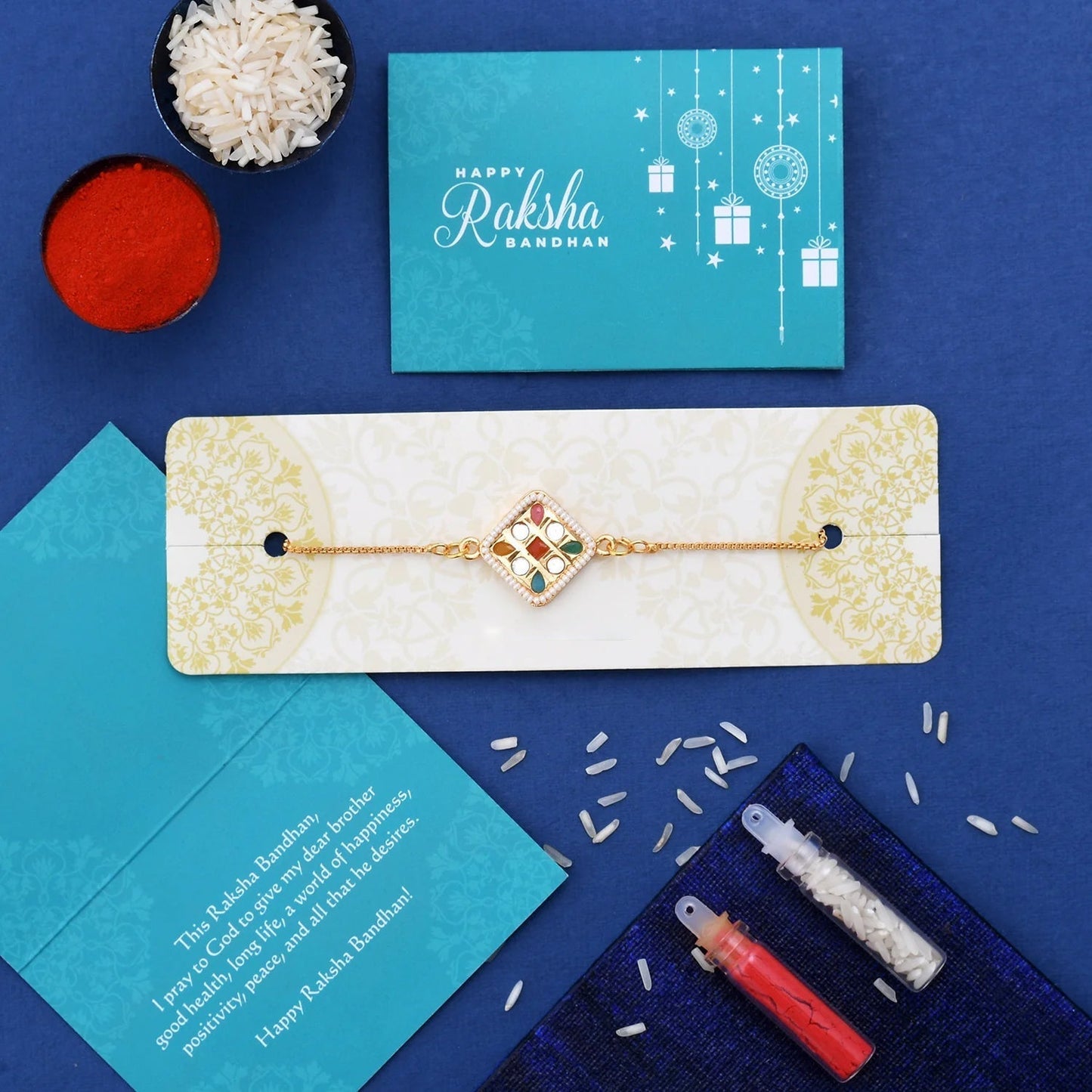 trueBrowns X Voylla CZ Embellished Gold Toned Bracelet Style Rakhi | Swadesiicart