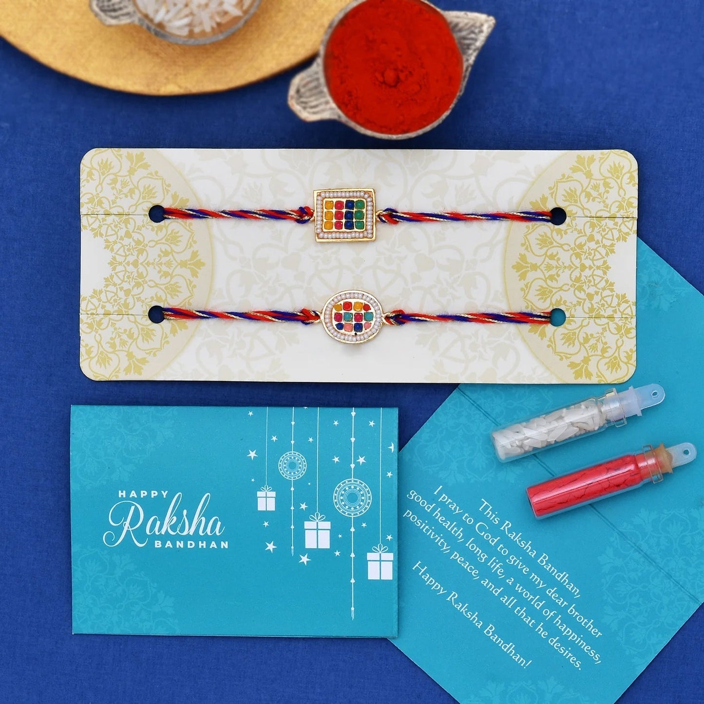 trueBrowns X Voylla Set of 2 Multicolor Thread Rakhis With Beautiful Beads | Swadesiicart