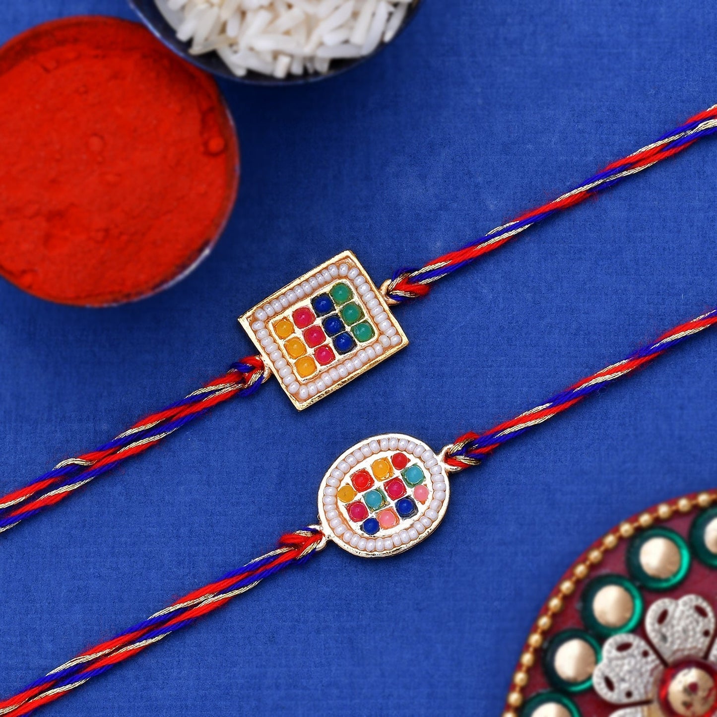 trueBrowns X Voylla Set of 2 Multicolor Thread Rakhis With Beautiful Beads | Swadesiicart