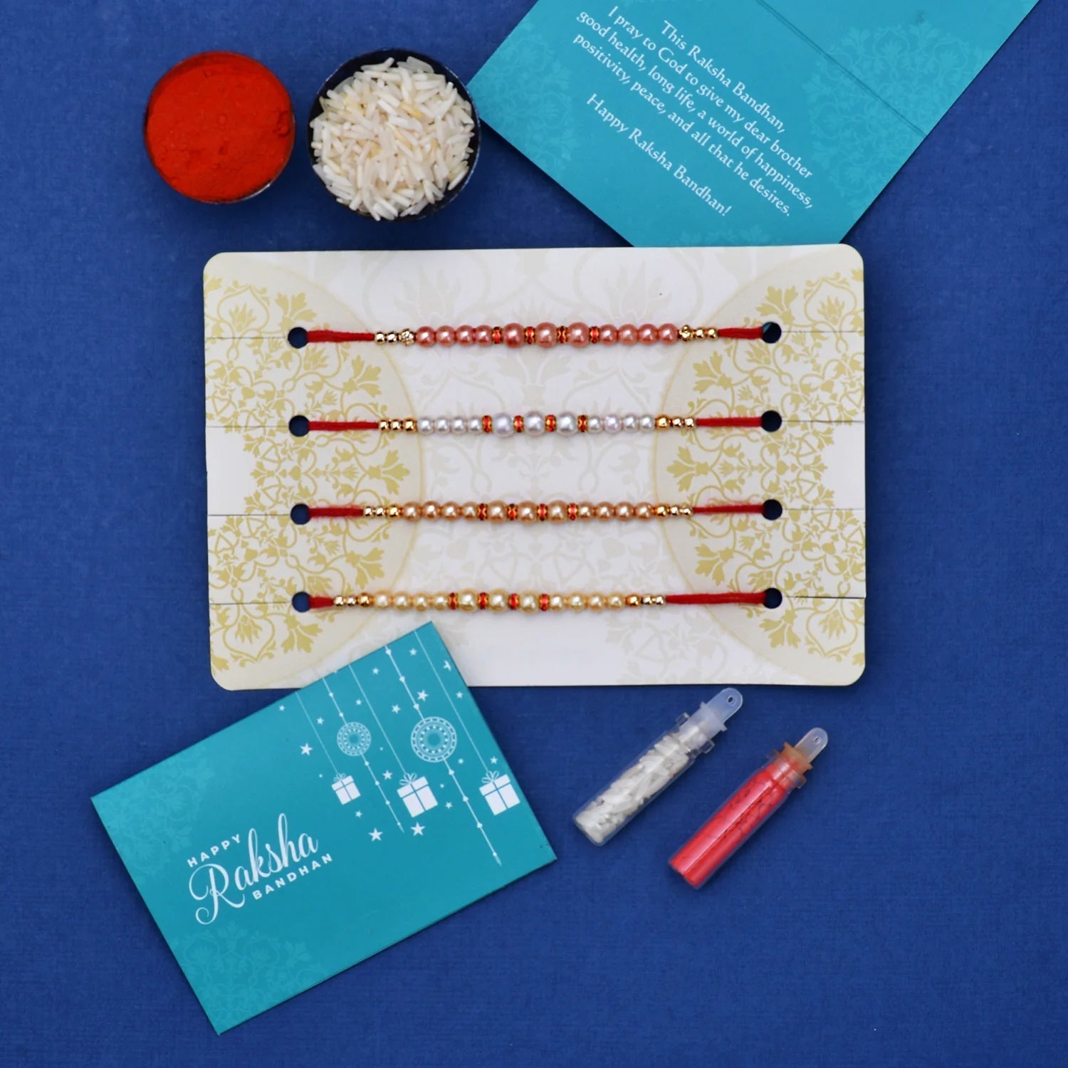 trueBrowns X Voylla Set of 4 Pearl Beads Embellished Flamboyant Rakhi | Swadesiicart