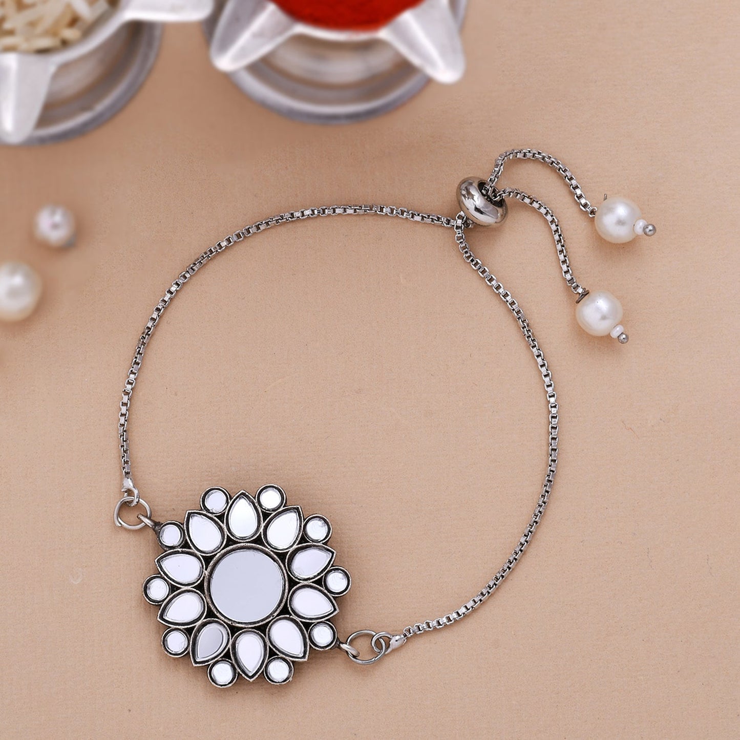 trueBrowns X Voylla Kundan Embedded Silver Toned Bracelet Style Rakhi | Swadesiicart