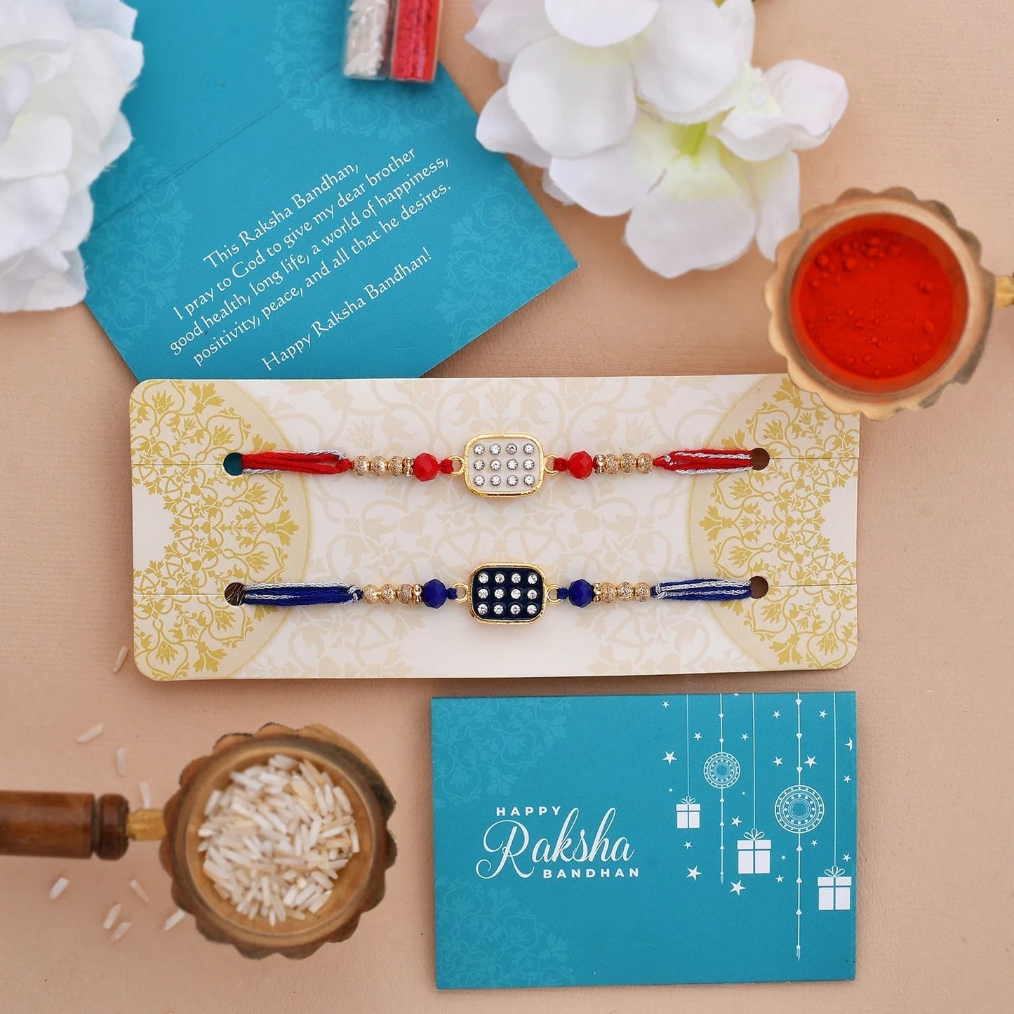 trueBrowns X Voylla Set of 2 Rectangle CZ Embellished Thread Rakhi | Swadesiicart