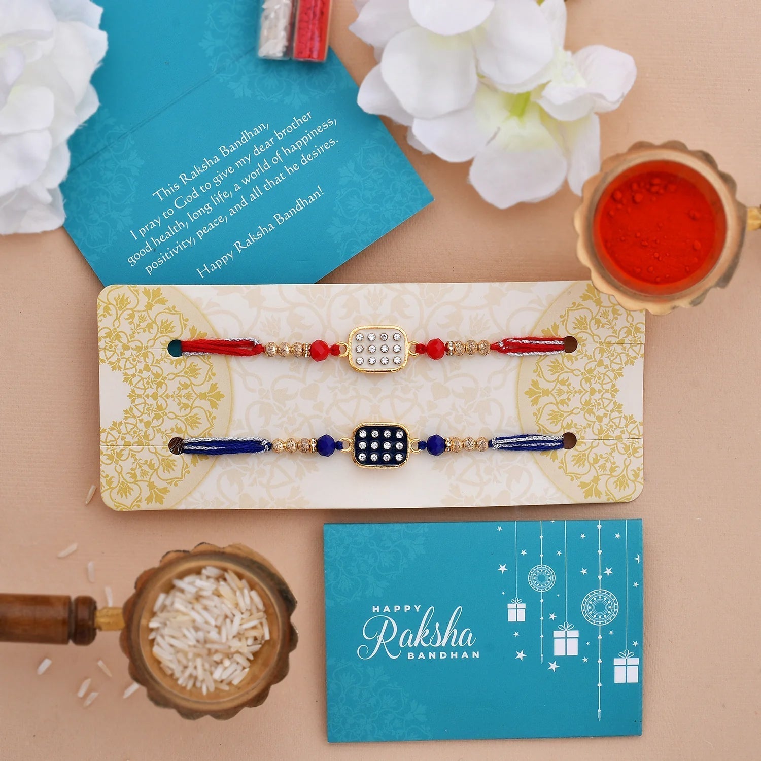 trueBrowns X Voylla Set of 2 Rectangle CZ Embellished Thread Rakhi | Swadesiicart