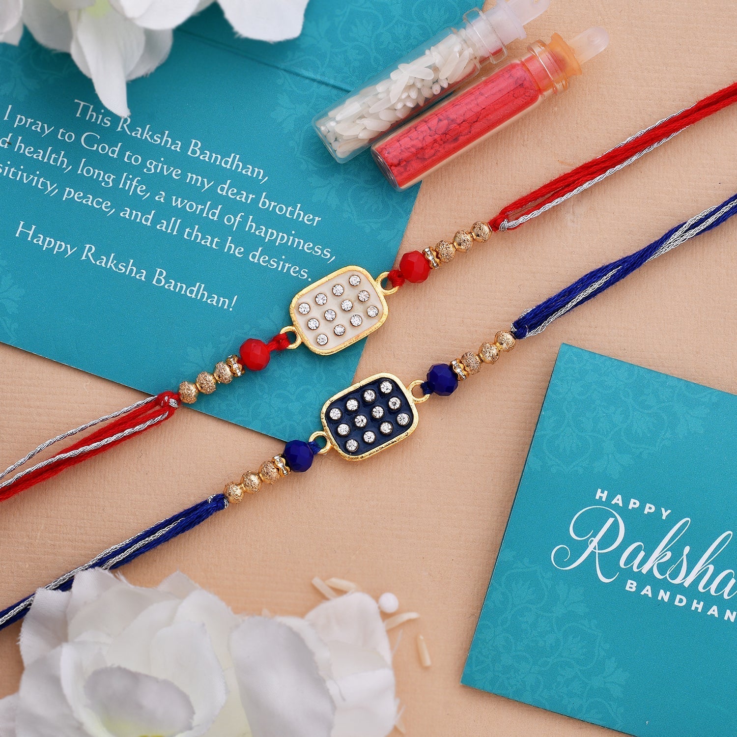 trueBrowns X Voylla Set of 2 Rectangle CZ Embellished Thread Rakhi | Swadesiicart