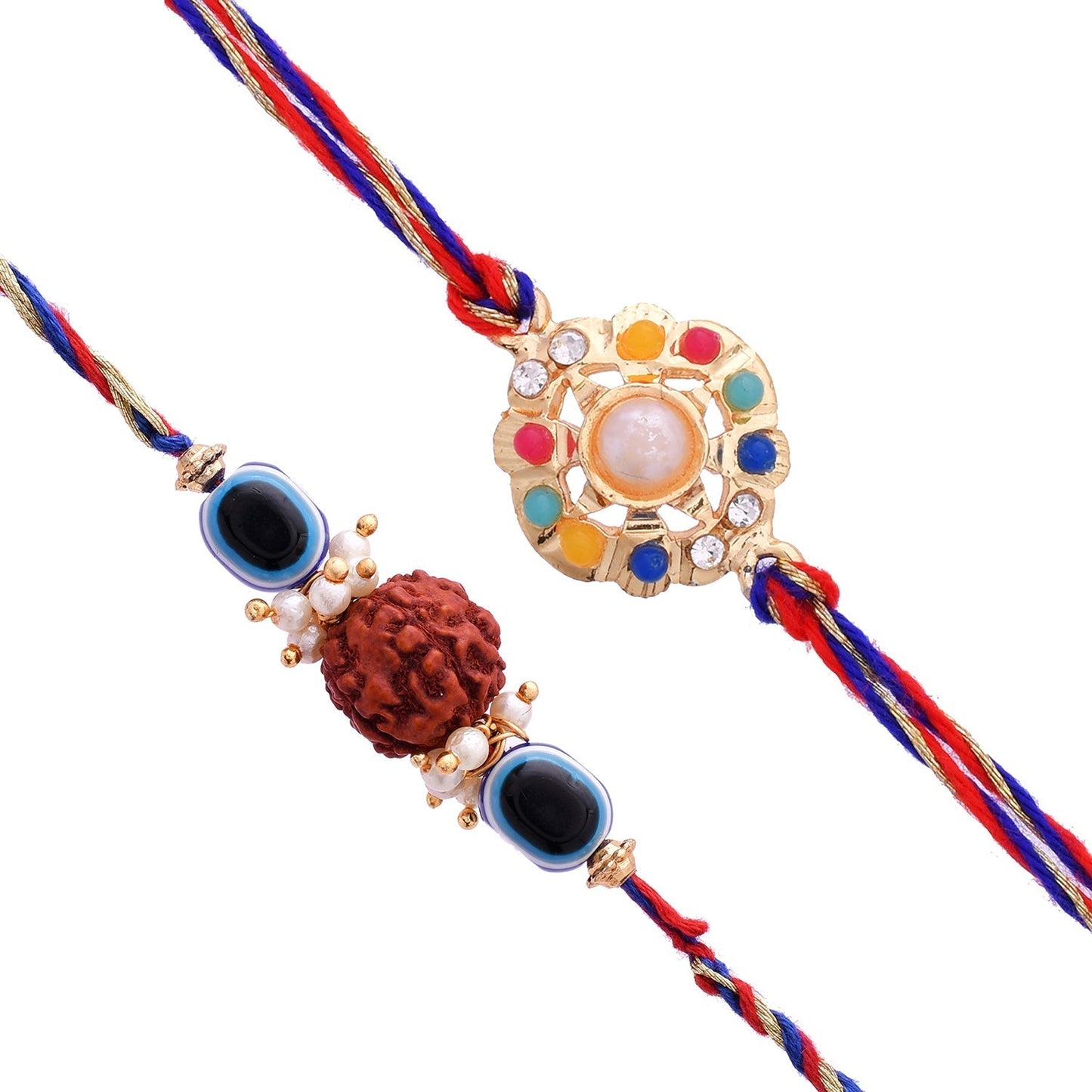 trueBrowns X Voylla Set Of 2 Colorful Stones And Rudraksha Evil Eye Rakhi | Swadesiicart