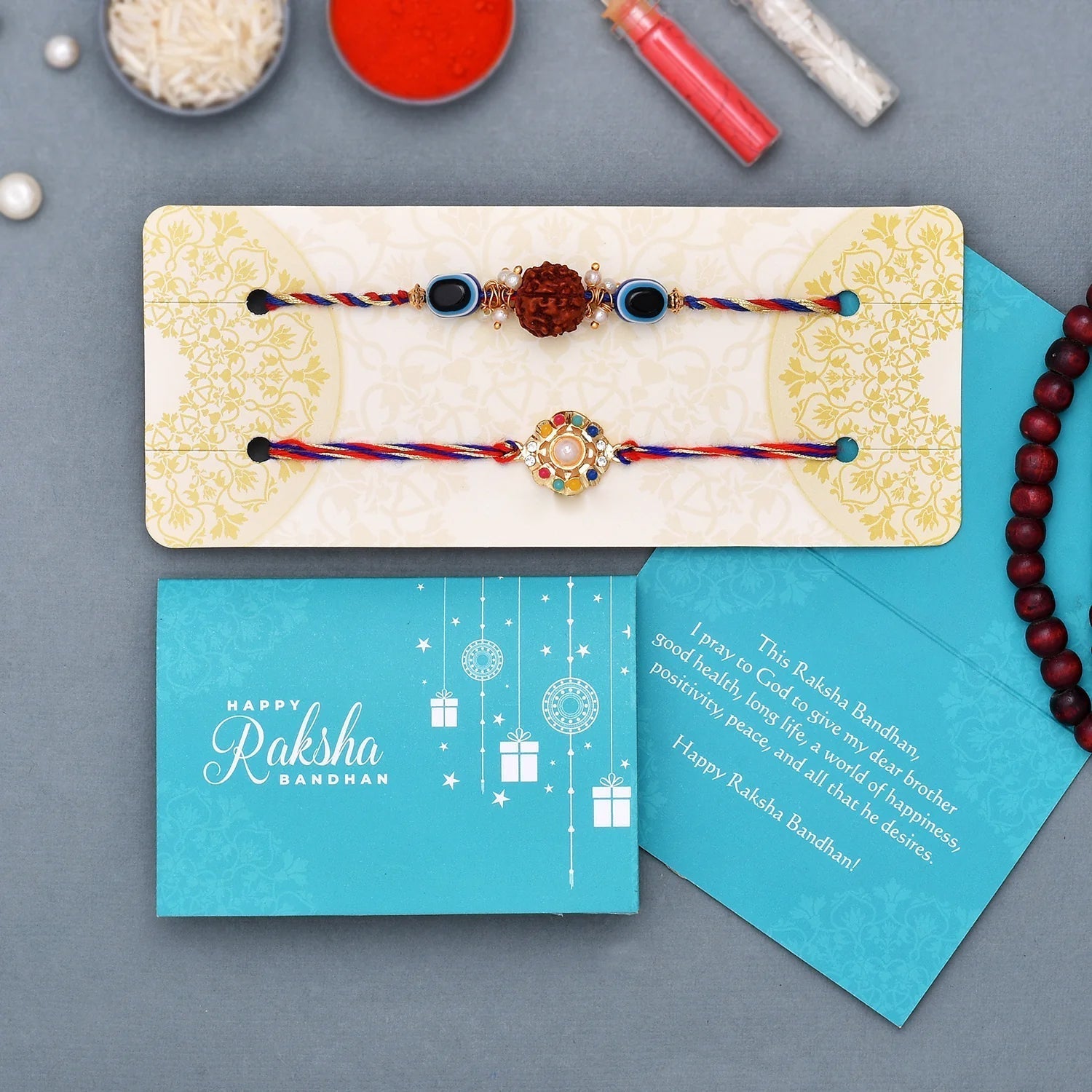 trueBrowns X Voylla Set Of 2 Colorful Stones And Rudraksha Evil Eye Rakhi | Swadesiicart