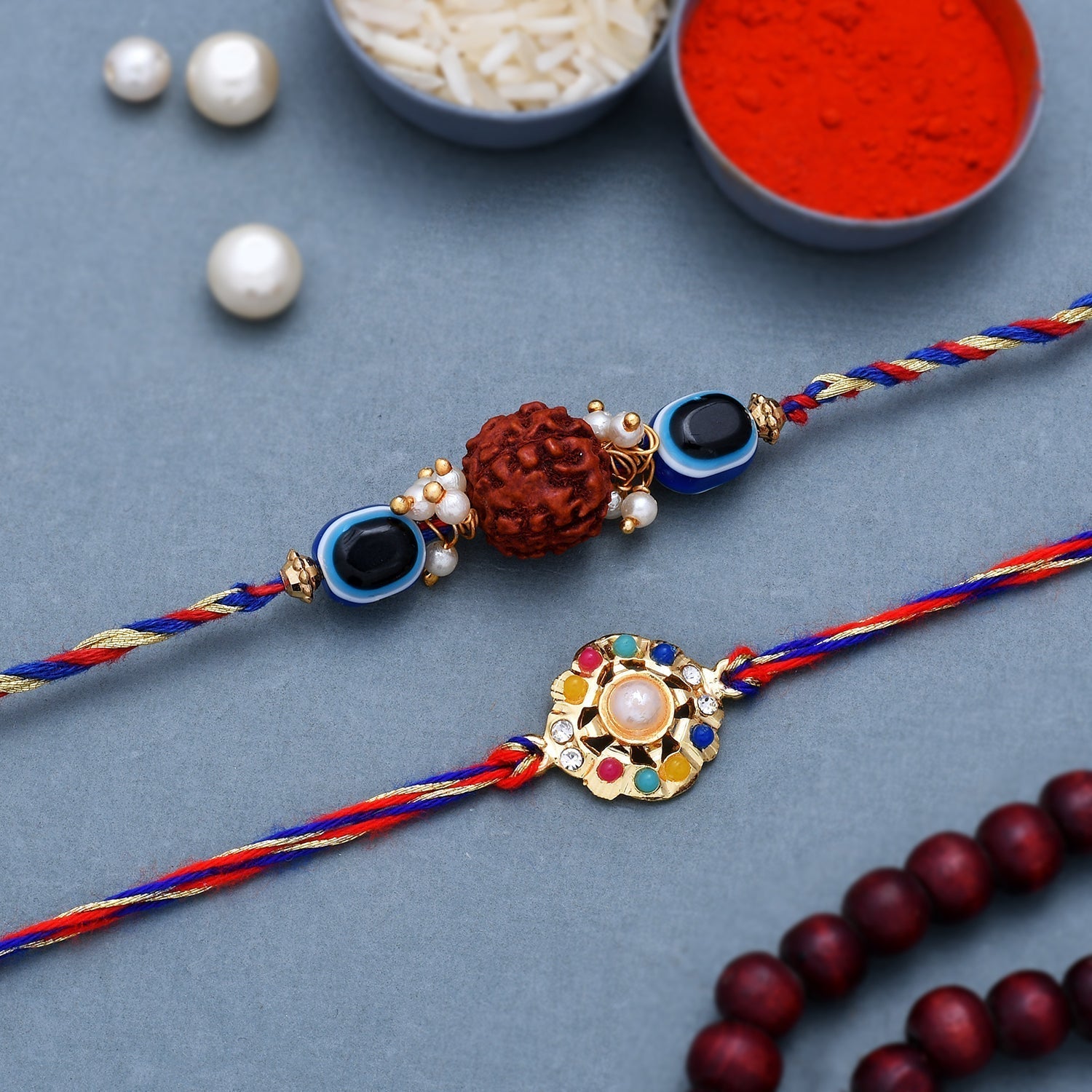 trueBrowns X Voylla Set Of 2 Colorful Stones And Rudraksha Evil Eye Rakhi | Swadesiicart