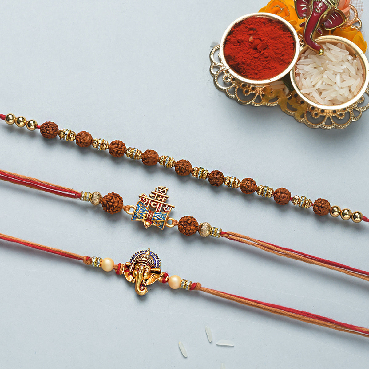 trueBrowns X Voylla Set Of 3 Auspicious Rudraksha Studded Rakhis | Swadesiicart