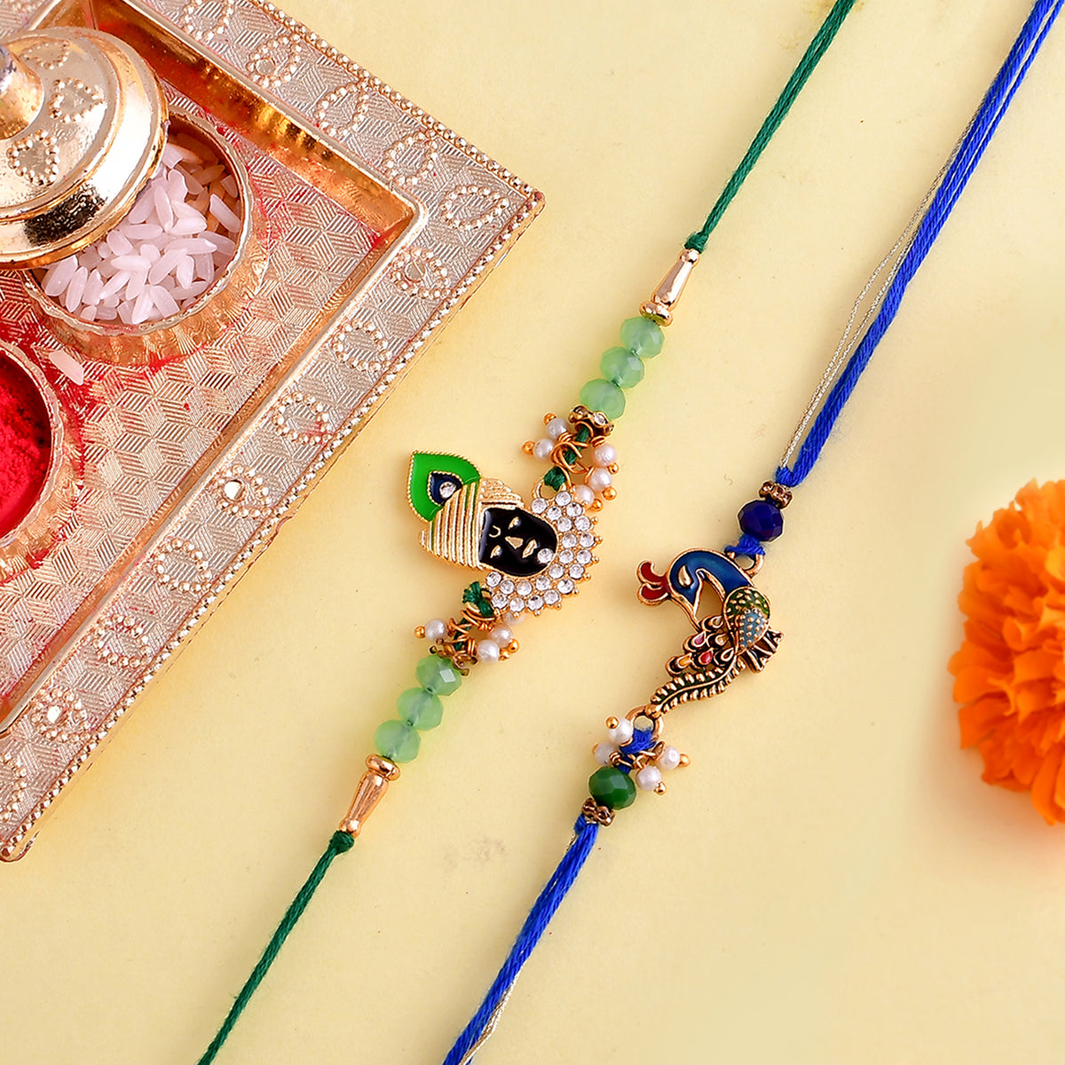trueBrowns X Voylla Pack of 2 Green Lord Krishna And Blue Peacock Rakhi | Swadesiicart