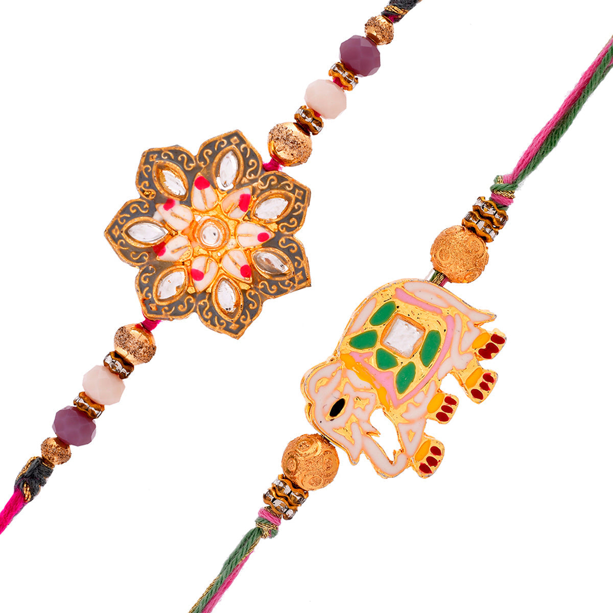 trueBrowns X Voylla Pack of 2 Meenakari Kundan Floral And Elephant Rakhi | Swadesiicart