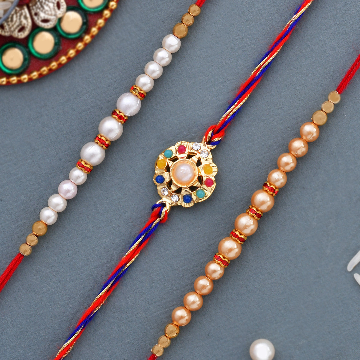 trueBrowns X Voylla Set of 3 Pearl Beads Studded Thread Rakhi | Swadesiicart